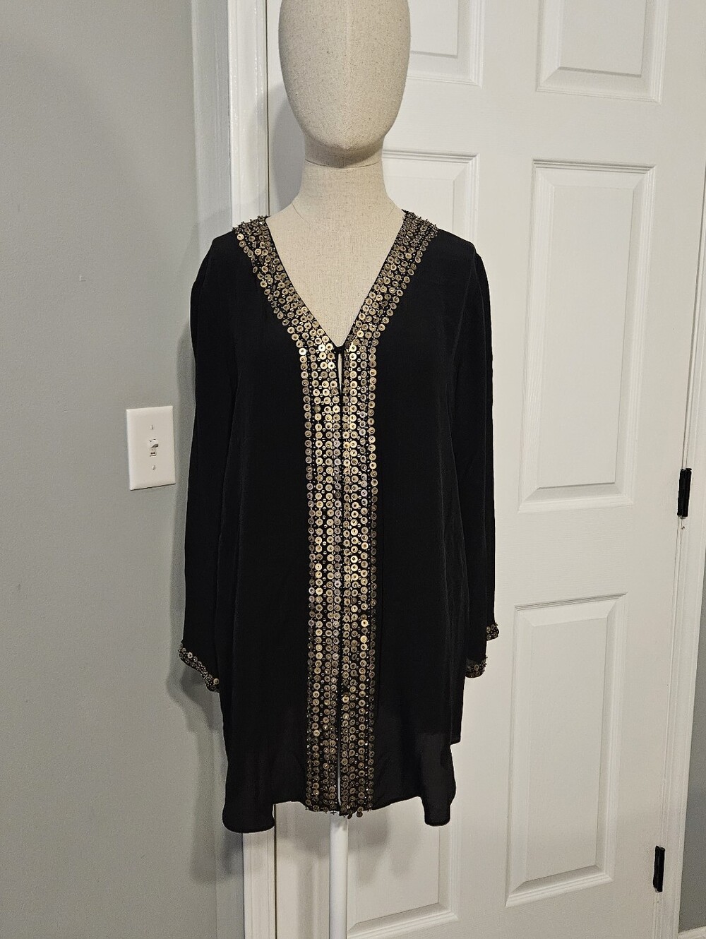 Calypso St. Barth Black Tunic Caftan with Gold Sequin Trim